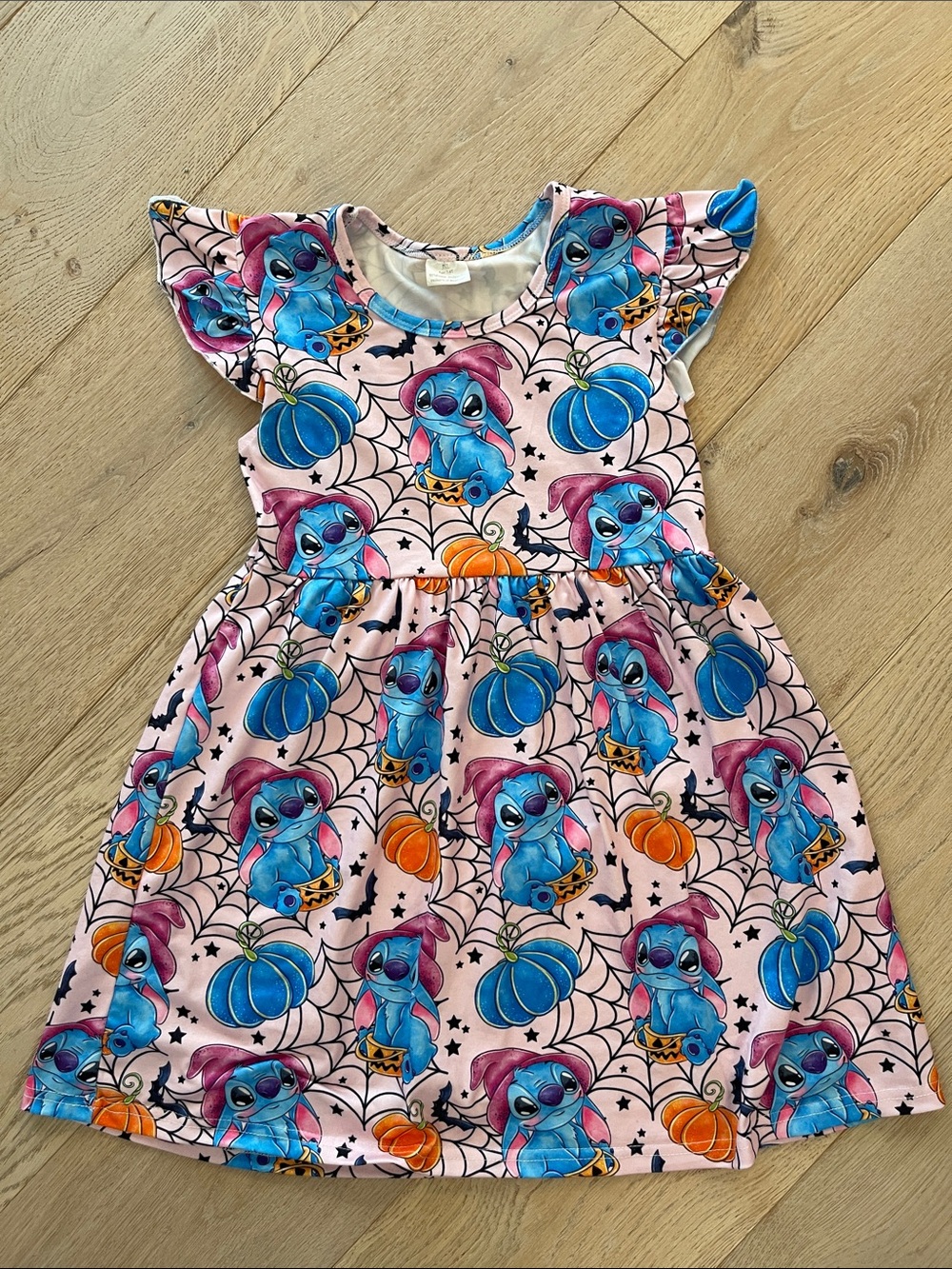 Halloween printed Pink Dress with Blue Stitch & Orange Pumpkins 7/8 T